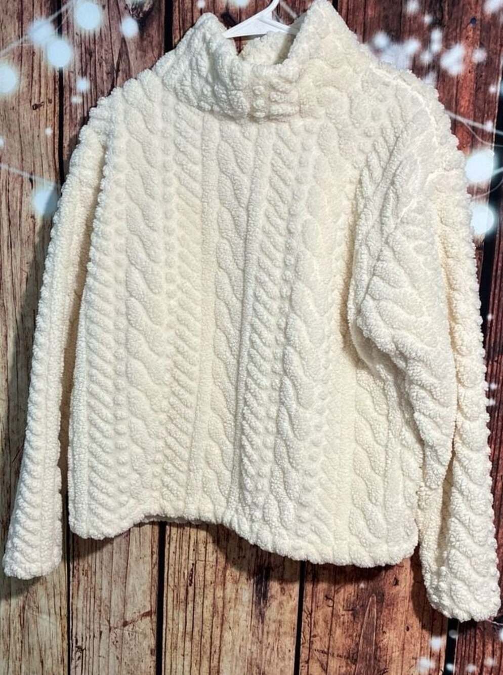 Eddie Bauer Women's Cream Cable-Knit Sherpa Fleece Mock Neck Pullover Sweater